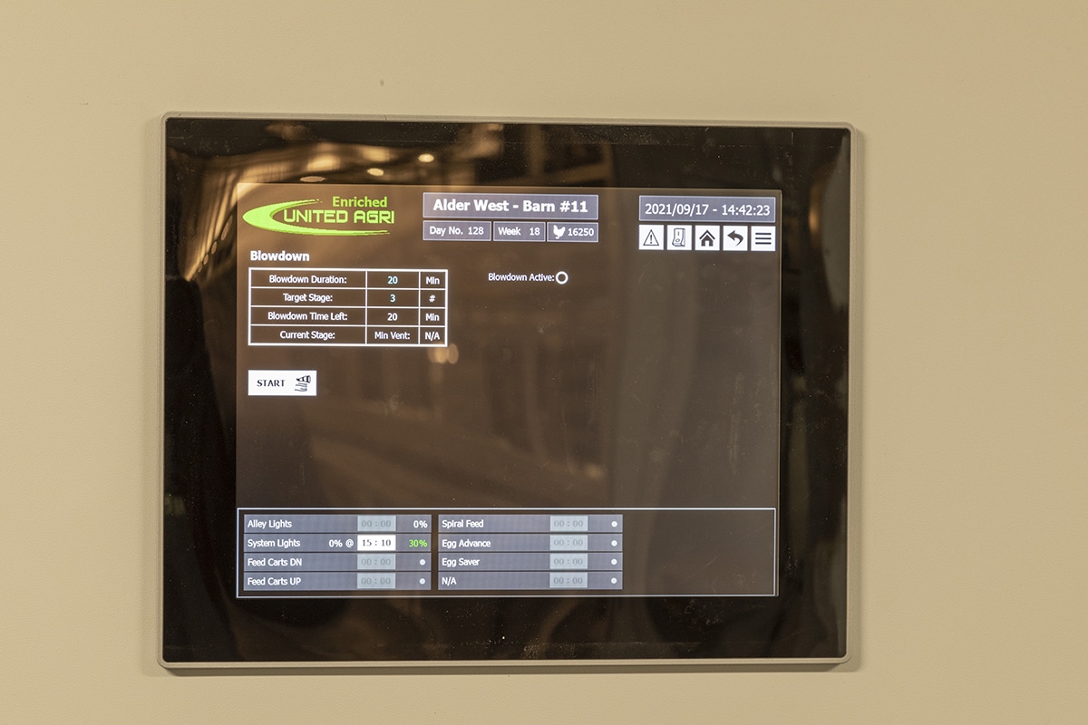 Digital monitor embedded in a wall showing a user interface for barn management with various controls and status indicators