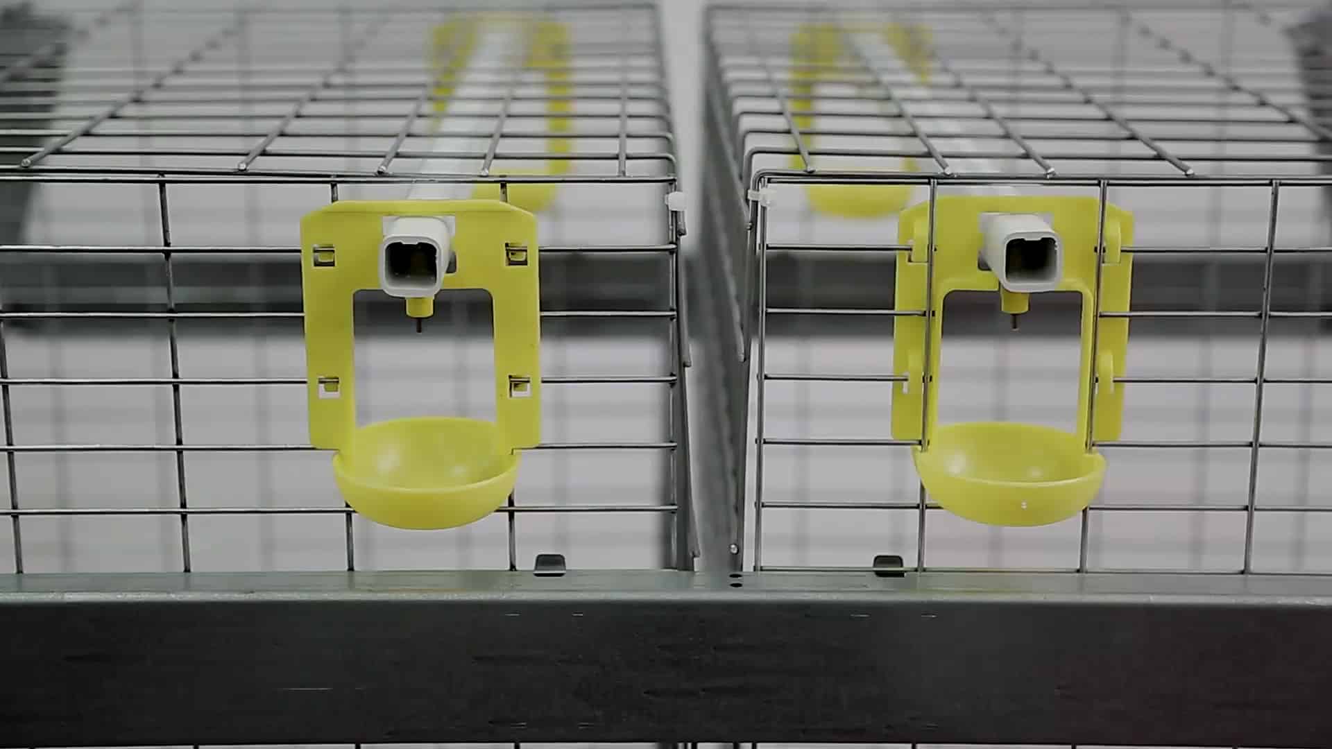 Two yellow water bottle holders attached to a metal wire cage, designed for animal enclosures or pet habitats.