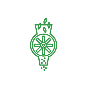 Graphic green icon of a grain milling machine.