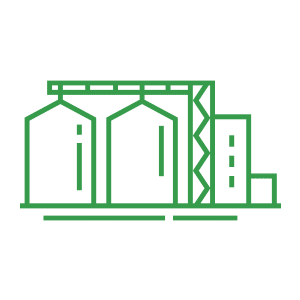 Green outline icon of industrial buildings, representing warehouses or storage facilities.